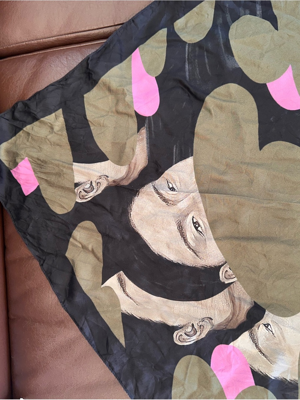 Black Artistic Face Print Scarf with Pink and Olive Accents